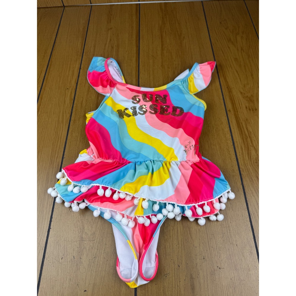 Betsey Johnson Kids Girl Rainbow Stripe Sun Kissed Pom Pom Swimsuit XL‎ (14)